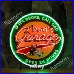 24X24 Dad's Garage Open 24 hours Real Glass Neon Sign Beer Bar Light