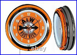 A&W Ice Cold Root Beer Sign 19 Orange Double Neon Clock Man Cave Garage Bar