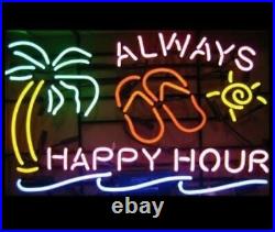 Always Happy Hour Palm Tree 20x16 Neon Light Sign Beer Bar Open Display Club