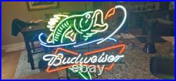 Bass Fish Fishing Bow Tie Beer 17x16 Neon Sign Light Glass Decor Man Cave Bar