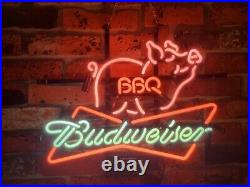 Budweiser BBQ Pig Chef 17x14 Light Lamp Neon Sign Open Beer Bar Real Glass