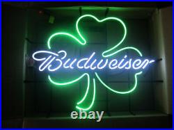 Budweiser Shamrock Clover 17x14 Light Lamp Neon Sign Beer Bar Real Glass