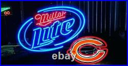 Chicago Bears Miller Lite Beer 20x16 Neon Light Sign Lamp Bar Glass Handmade