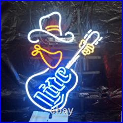 Cowboy Guitar Neon Sign Lamp Light Beer Bar Glass Wall Decor Hanging 20x16