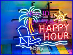 Happy Hour Palm Tree Sun Chair Neon Light Sign Lamp Beer Bar Glass 17x14