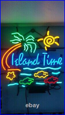 Island Time Palm Tree Sun Fish 17x14 Neon Lamp Light Sign Bar Beer Wall Decor