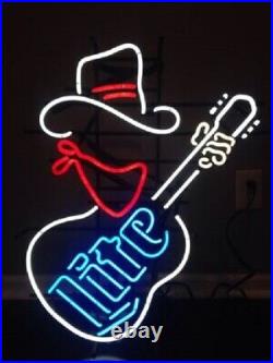 Miller Lite Beer Cowboy Guitar 17x14 Neon Lamp Light Sign Real Glass Bar Pub