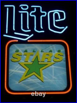 Miller Lite Dallas Stars 20x16 Neon Lamp Light Sign Beer Bar Real Glass Open