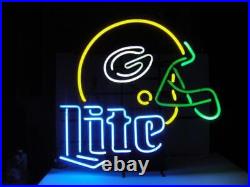 Miller Lite Green Bay Packers Helmet Neon Light Sign 17x14 Lamp Beer Bar Glass