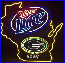 Miller Lite Green Bay Packers Wisconsin Beer Neon Lamp Light Sign 32x24 Glass