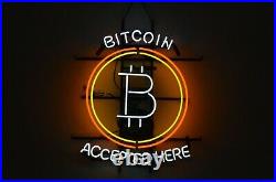 New Accepted Here Bitcoin Neon Sign 20x16 Real Glass Beer Bar Decor Artwork