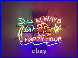 New Always Happy Hour Sun Palm Tree Neon Light Sign Lamp 17x14 Beer Bar