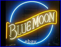 New Blue Moon Yellow 20x16 Light Lamp Neon Sign Beer Bar Real Glass Artwork
