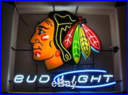 New Bud Chicago Blackhawks Neon Light Sign 20x16 Beer Bar Real Glass Artwork