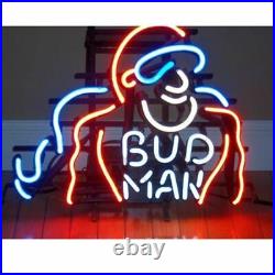 New Bud Man Beer 17x14 Light Lamp Neon Sign Open Bar Real Glass Decor