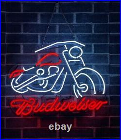 New Budweiser Motorcycle Beer 20x16 Light Lamp Neon Sign Open Bar Real Glass