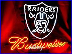New Budweiser Oakland Raiders NFL Beer Pub Real Glass Neon Light Sign 20x16