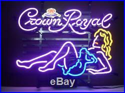 New CROWN ROYAL GIRL Whiskey Beer Neon Light Sign 20x16