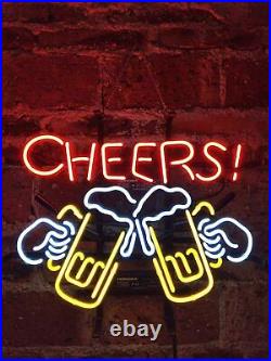 New Cheers Beer Mugs 17x14 Neon Light Sign Lamp Happy Hour Bar Real Glass Tube