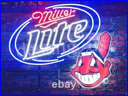 New Cleveland Indians Chief Wahoo Miller Lite Beer Neon Light Sign 24x20