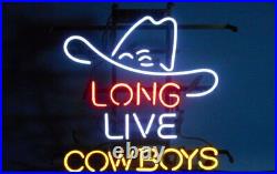 New Long Live Cowboys Hat Neon Light Sign 20x16 Lamp Beer Gift Bar Real Glass