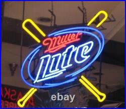 New Miller Lite Baseball Bats Neon Light Sign 20x16 Lamp Beer Bar Wall Decor