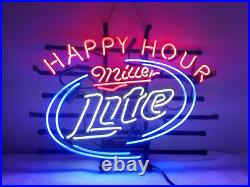 New Miller Lite Beer Happy Hour 24x20 Neon Light Sign Lamp Bar Real Glass Wall