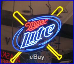 New Miller lite Baseball Beer Light Lamp Real Glass Bar Neon Sign 20x16