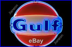 New Old Gulf Dealer Gas & Oil Lighted Backing Real Glass Neon Sign Beer Light
