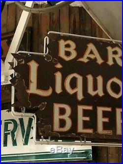 ORIGINAL Vintage BAR LIQUORS BEER Sign DOUBLE SIDED PORCELAIN NEON Gas Oil OLD