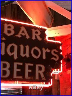 ORIGINAL Vintage BAR LIQUORS BEER Sign DOUBLE SIDED PORCELAIN NEON Gas Oil OLD