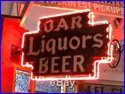 ORIGINAL Vintage BAR LIQUORS BEER Sign DOUBLE SIDED PORCELAIN NEON Gas Oil OLD