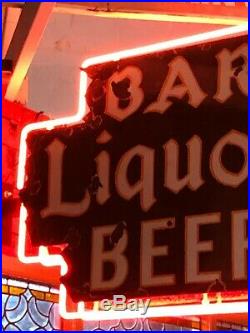 ORIGINAL Vintage BAR LIQUORS BEER Sign DOUBLE SIDED PORCELAIN NEON Gas Oil OLD