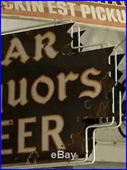 ORIGINAL Vintage BAR LIQUORS BEER Sign DOUBLE SIDED PORCELAIN NEON Gas Oil OLD