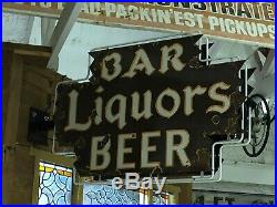 ORIGINAL Vintage BAR LIQUORS BEER Sign DOUBLE SIDED PORCELAIN NEON Gas Oil OLD