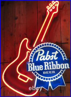 Pabst Blue Ribbon Guitar Beer Neon Lamp Sign 17x14 Bar Light Glass Artwork