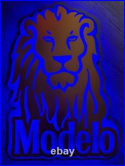Rare NEW Modelo Gold Lion LED Blue Light Bar Neon Wood Sign Rare NEW Modelo Gold Lion LED Blue Light Bar Neon Wood Sign