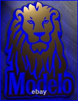 Rare NEW Modelo Gold Lion LED Blue Light Bar Neon Wood Sign Rare NEW Modelo Gold Lion LED Blue Light Bar Neon Wood Sign