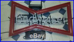Vintage Bud Budweiser Beer Bow Tie Neon Light Bar Advertising Tin Glass Sign